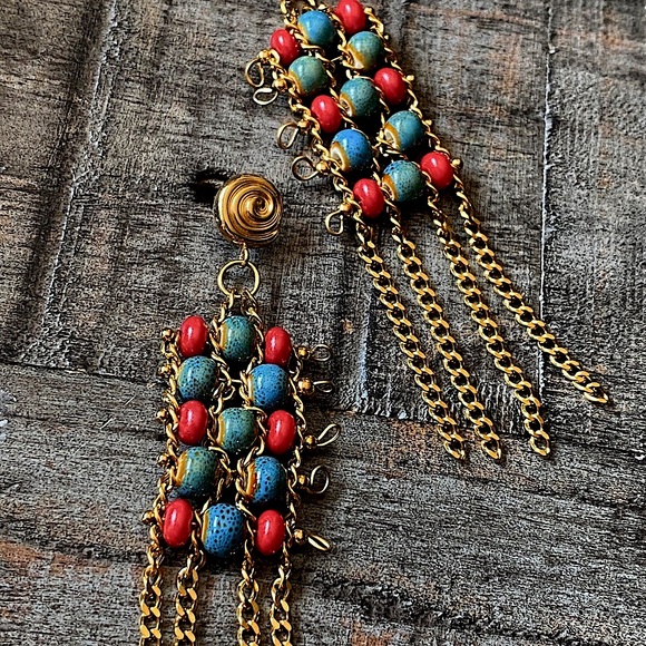 NEW Ceramic Beaded Gold Tassel Earrings - Picture 9 of 13